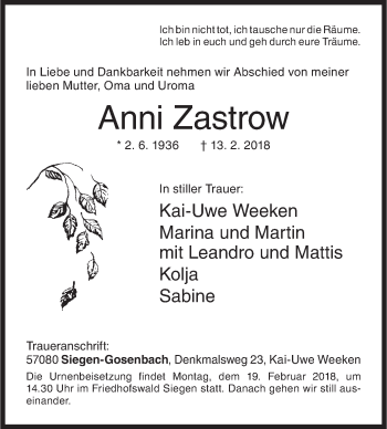 Traueranzeige von Anni Zastrow von Siegener Zeitung