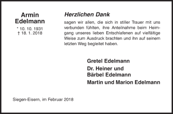 Traueranzeige von Armin Edelmann von Siegener Zeitung