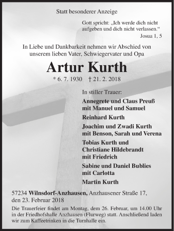 Traueranzeige von Artur Kurth von Siegener Zeitung