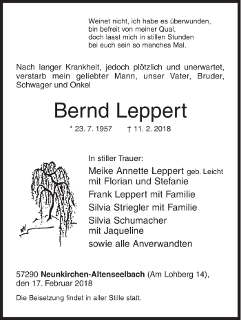 Traueranzeige von Bernd Leppert von Siegener Zeitung
