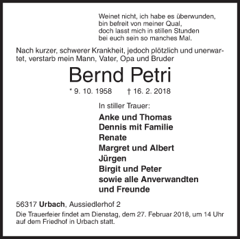 Traueranzeige von Bernd Petri von Siegener Zeitung