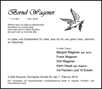 Traueranzeige von Bernd Wagener von Siegener Zeitung