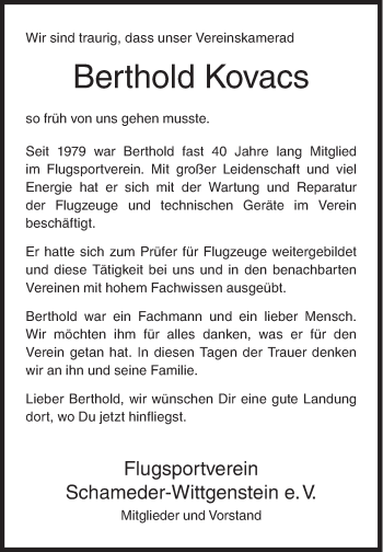 Traueranzeige von Berthold Kovacs von Siegener Zeitung