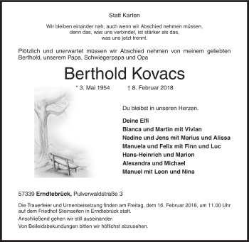 Traueranzeige von Berthold Kovacs von Siegener Zeitung