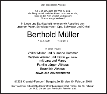 Traueranzeige von Berthold Müller von Siegener Zeitung