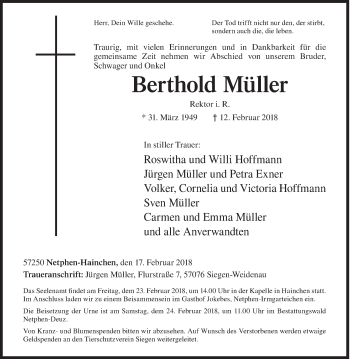 Traueranzeige von Berthold Müller von Siegener Zeitung