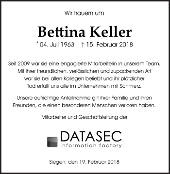 Traueranzeige von Bettina Keller von Siegener Zeitung