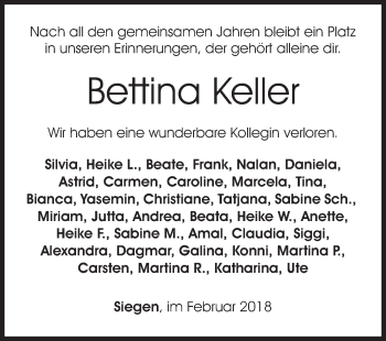 Traueranzeige von Bettina Keller von Siegener Zeitung