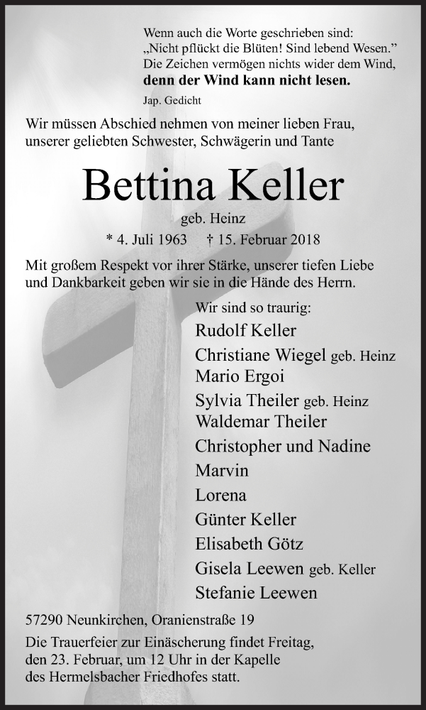  Traueranzeige für Bettina Keller vom 20.02.2018 aus Siegener Zeitung