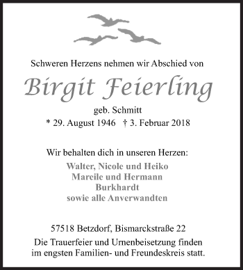 Traueranzeige von Birgit Feierling von Siegener Zeitung