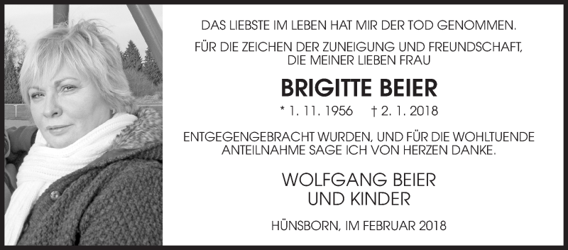  Traueranzeige für Brigitte Beier vom 24.02.2018 aus Siegener Zeitung