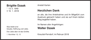 Traueranzeige von Brigitte Dzaak von Siegener Zeitung