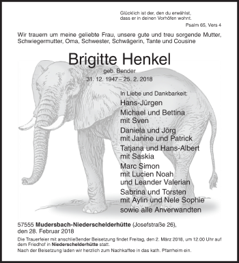Traueranzeige von Brigitte Henkel von Siegener Zeitung