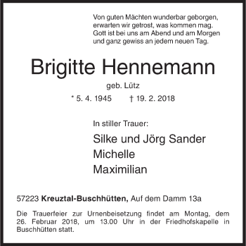 Traueranzeige von Brigitte Hennemann von Siegener Zeitung