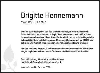 Traueranzeige von Brigitte Hennemann von Siegener Zeitung