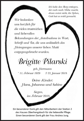 Traueranzeige von Brigitte Pilarski von Siegener Zeitung