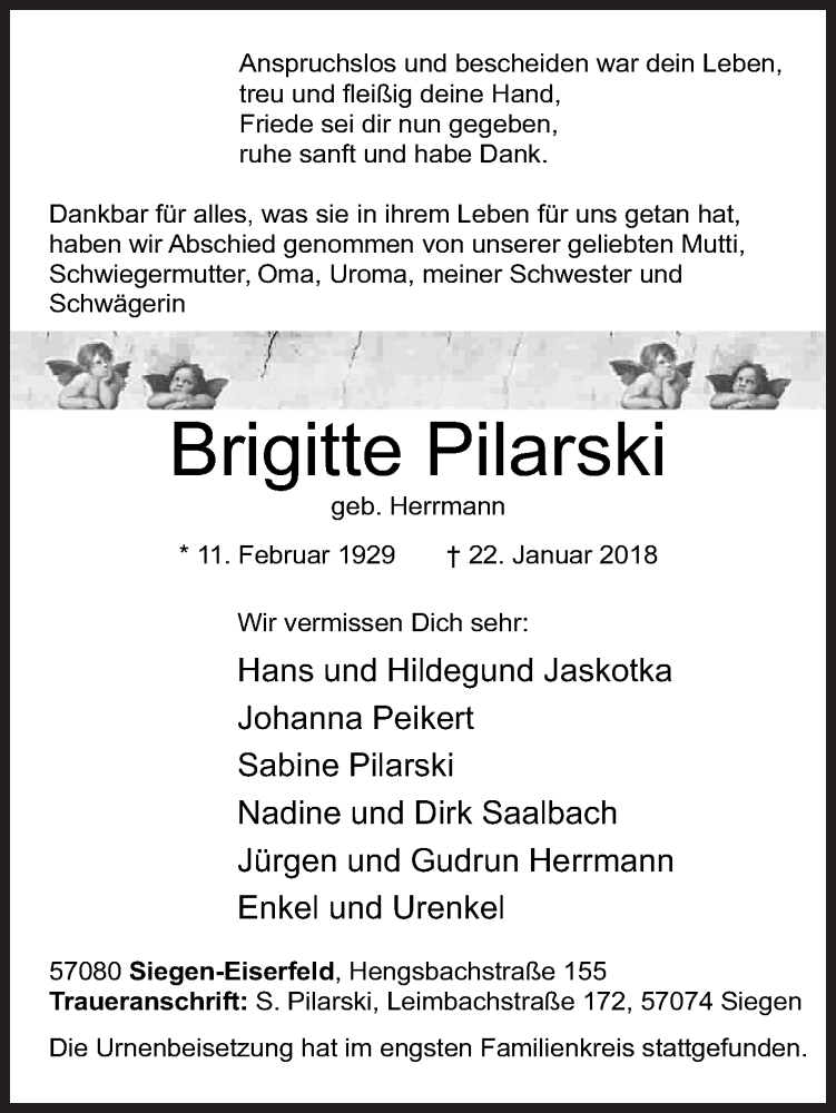  Traueranzeige für Brigitte Pilarski vom 03.02.2018 aus Siegener Zeitung
