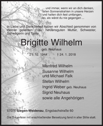 Traueranzeige von Brigitte Wilhelm von Siegener Zeitung