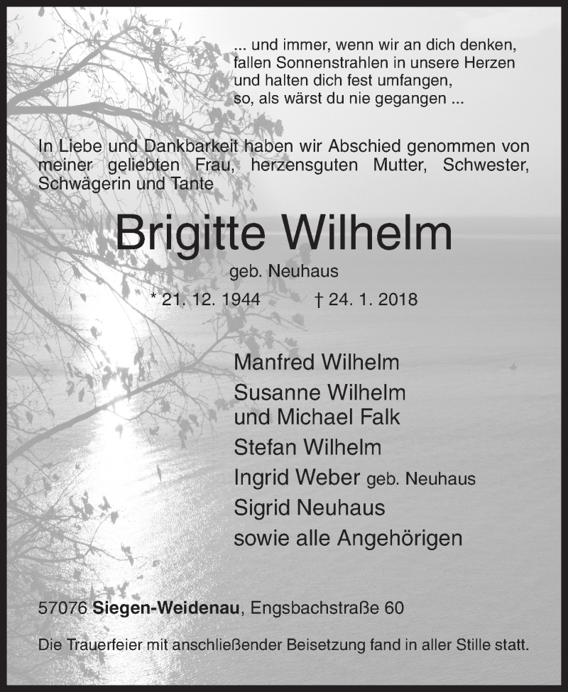  Traueranzeige für Brigitte Wilhelm vom 03.02.2018 aus Siegener Zeitung