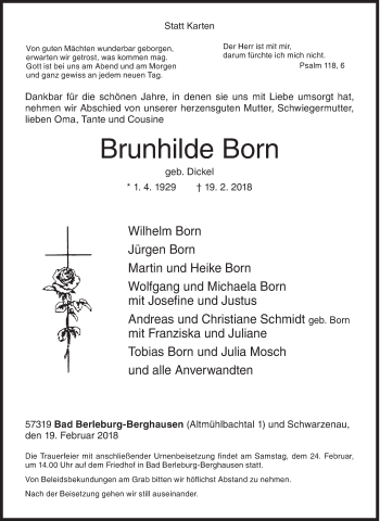 Traueranzeige von Brunhilde Born von Siegener Zeitung
