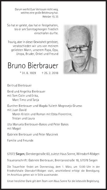 Traueranzeige von Bruno Bierbrauer von Siegener Zeitung