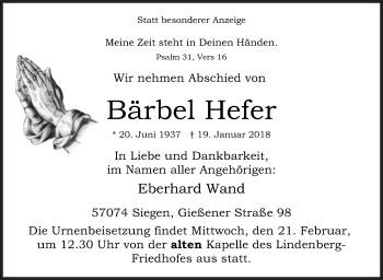 Traueranzeige von Bärbel Hefer von Siegener Zeitung