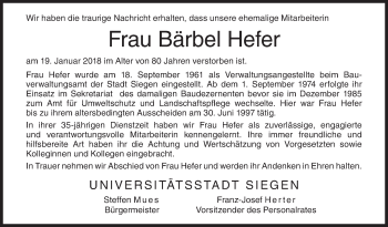 Traueranzeige von Bärbel Hefer von Siegener Zeitung