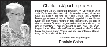 Traueranzeige von Charlotte Jäppche von Siegener Zeitung