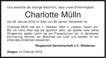 Traueranzeige von Charlotte Mülln von Siegener Zeitung
