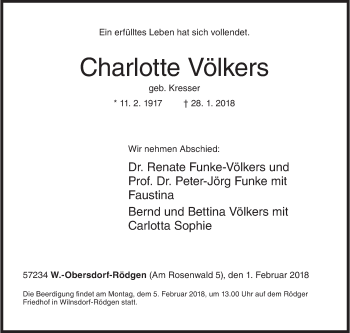 Traueranzeige von Charlotte Völkers von Siegener Zeitung