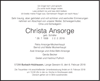 Traueranzeige von Christa Ansorge von Siegener Zeitung