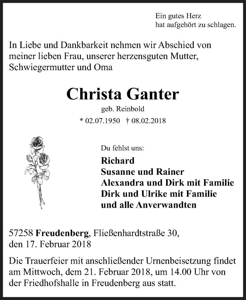  Traueranzeige für Christa Ganter vom 17.02.2018 aus Siegener Zeitung