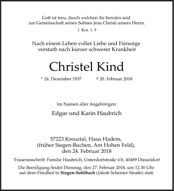 Traueranzeige von Christel Kind von Siegener Zeitung