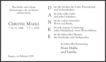 Traueranzeige von Christel Mahle von Siegener Zeitung
