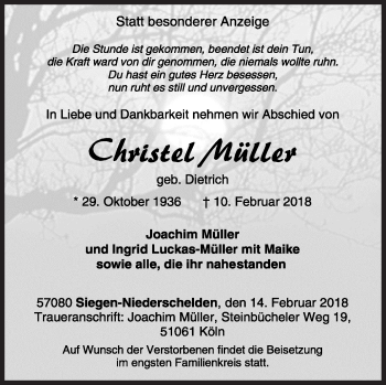 Traueranzeige von Christel Müller von Siegener Zeitung