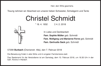 Traueranzeige von Christel Schmidt von Siegener Zeitung