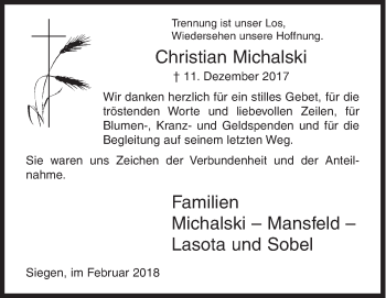 Traueranzeige von Christian Michalski von Siegener Zeitung