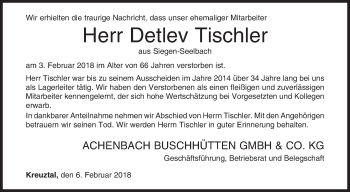 Traueranzeige von Detlev Tischler von Siegener Zeitung
