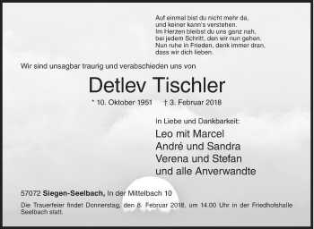 Traueranzeige von Detlev Tischler von Siegener Zeitung