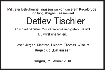 Traueranzeige von Detlev Tischler von Siegener Zeitung