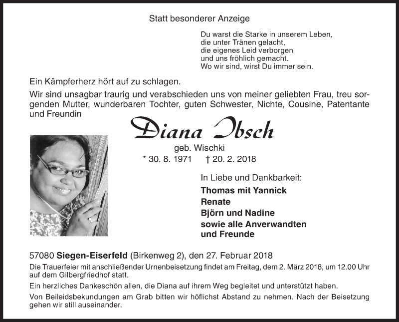  Traueranzeige für Diana Ibsch vom 27.02.2018 aus Siegener Zeitung