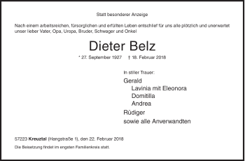 Traueranzeige von Dieter Belz von Siegener Zeitung