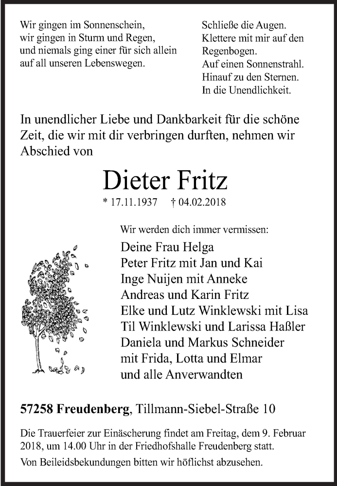  Traueranzeige für Dieter Fritz vom 06.02.2018 aus Siegener Zeitung