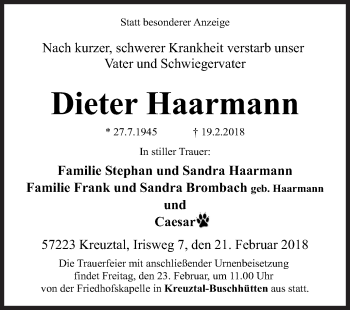Traueranzeige von Dieter Haarmann von Siegener Zeitung