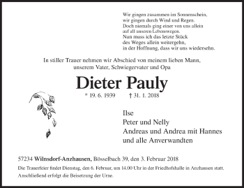 Traueranzeige von Dieter Pauly von Siegener Zeitung