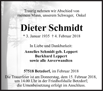 Traueranzeige von Dieter Schmidt von Siegener Zeitung