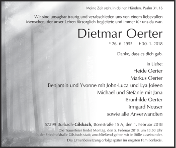 Traueranzeige von Dietmar Oerter von Siegener Zeitung