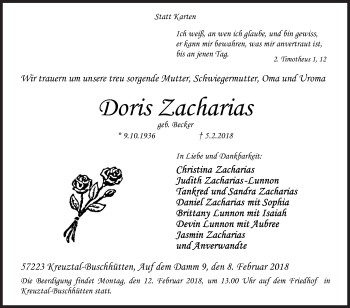 Traueranzeige von Doris Zacharias von Siegener Zeitung
