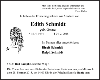 Traueranzeige von Edith Schmidt von Siegener Zeitung