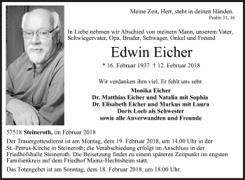 Traueranzeige von Edwin Eicher von Siegener Zeitung